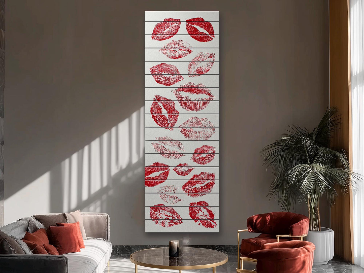 Romantic Wood Wall Art – Red Lips Print Artwork | Rustic Wooden Wall Decor