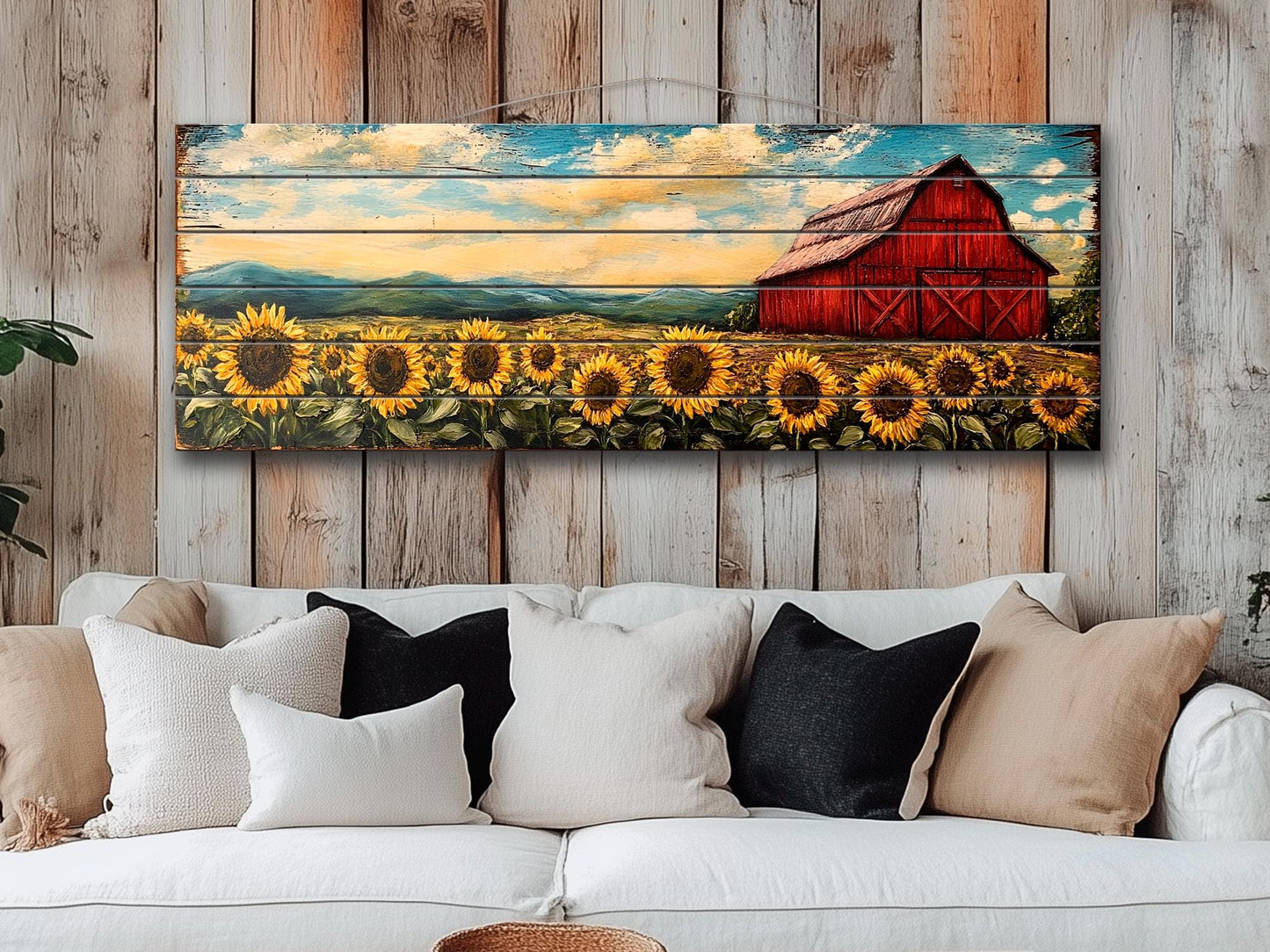 Rustic Wooden Wall Art – Old Red Barn on Sunflowers Field Print, Natural Wood Decor
