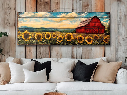 Rustic Wooden Wall Art – Old Red Barn on Sunflowers Field Print, Natural Wood Decor