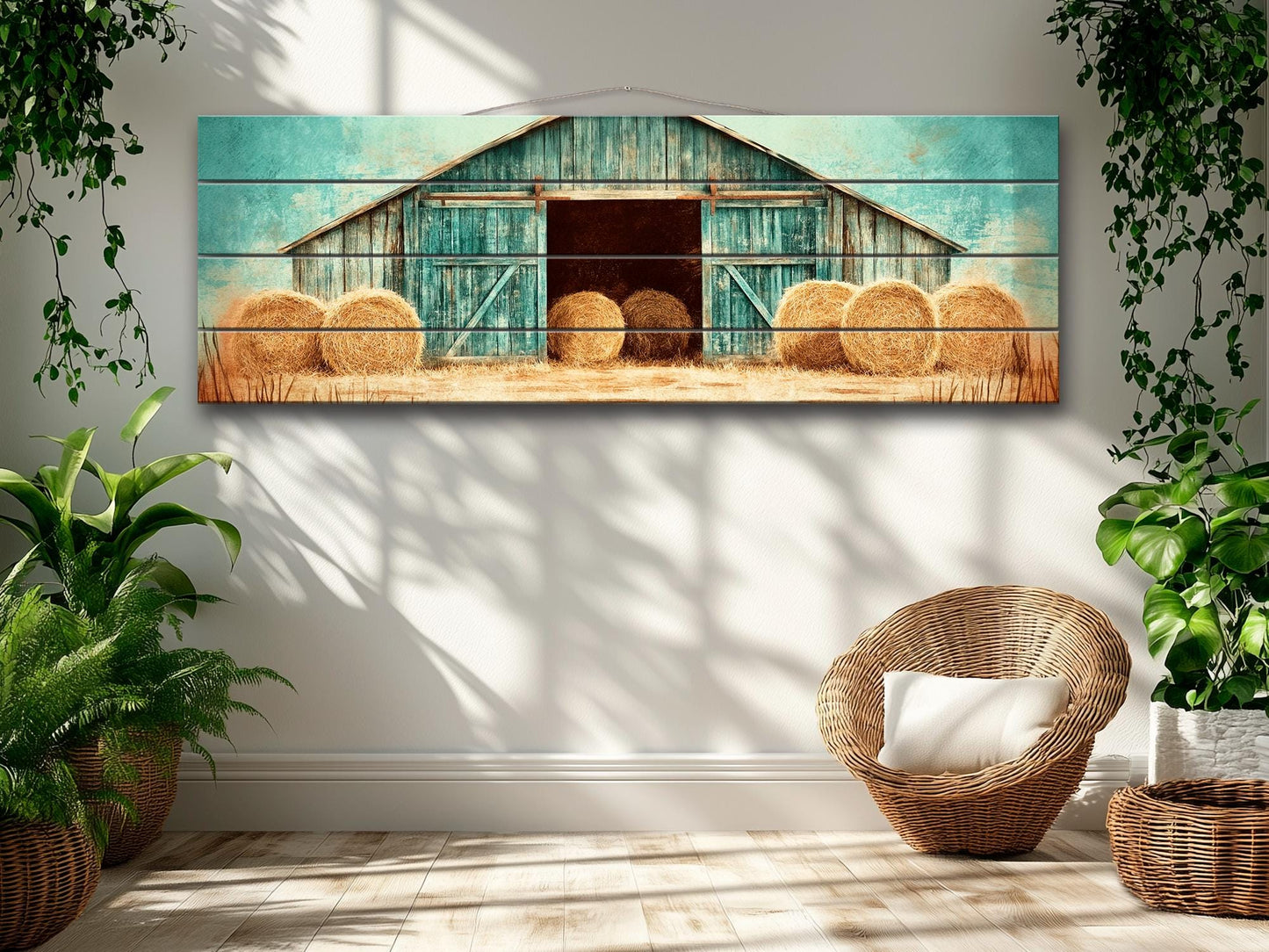 Rustic Barn Wall Art – Handcrafted Wood Plank Print with Hay Bales for Cozy Farmhouse Decor