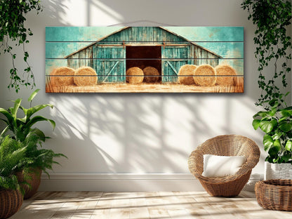 Rustic Barn Wall Art – Handcrafted Wood Plank Print with Hay Bales for Cozy Farmhouse Decor