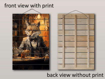 Fox Bartender Print on Natural Wood – Bar  Wall Art