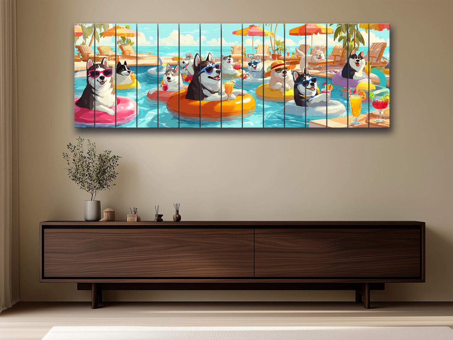 Funny Husky Wall Art – Playful Pool Party Print on Rustic Wood Decor