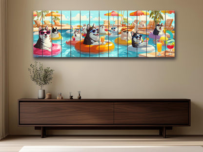 Funny Husky Wall Art – Playful Pool Party Print on Rustic Wood Decor