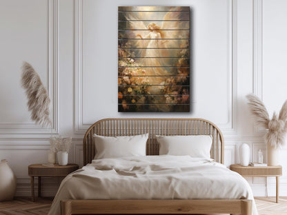 Angel Wood Print – Rustic Spiritual Art on Natural Wood Planks | Religious Wall Decor