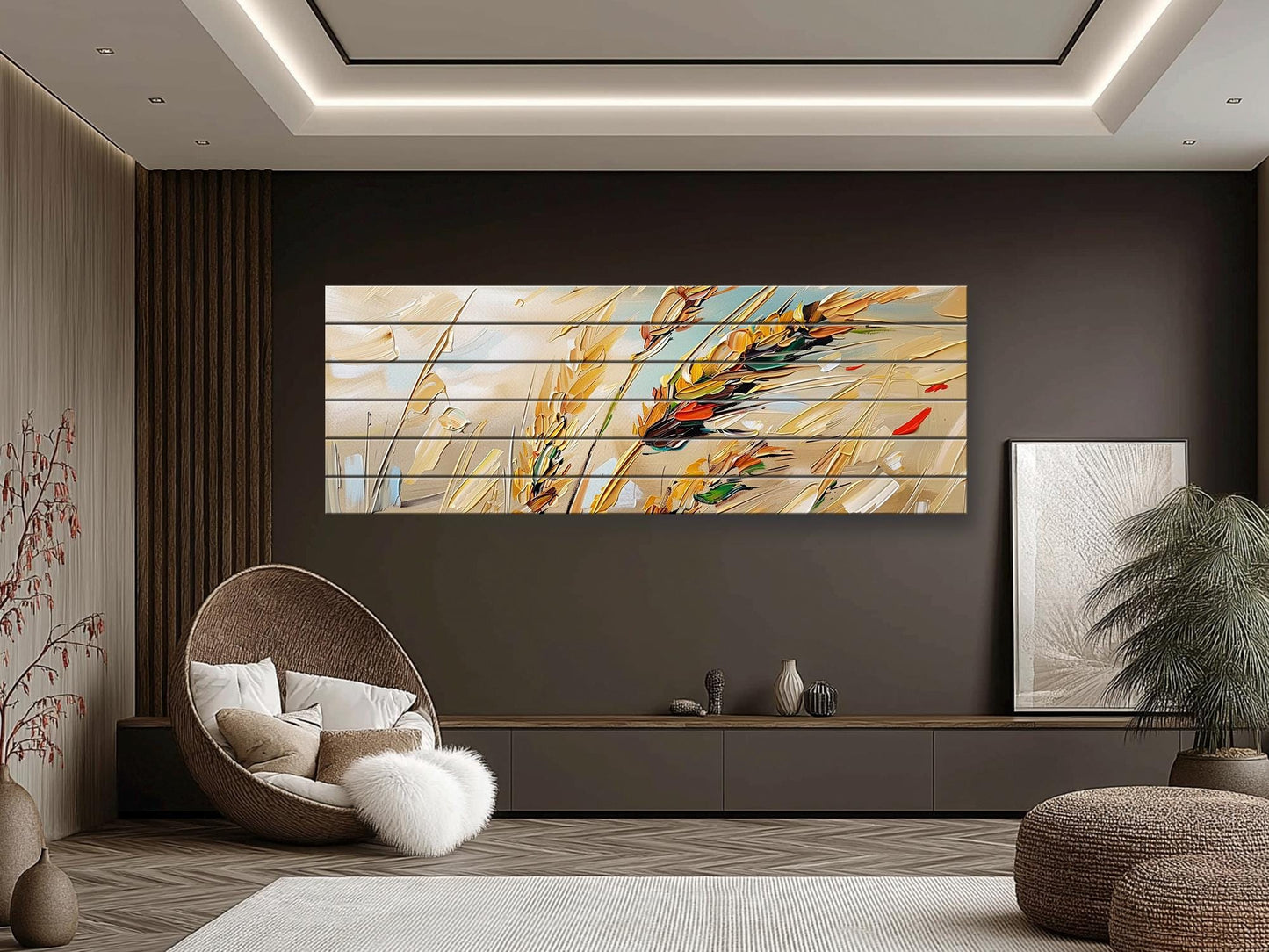 Wood Wall Art – Golden Wheat Ears Rustic Nature Print on Natural Wood Planks