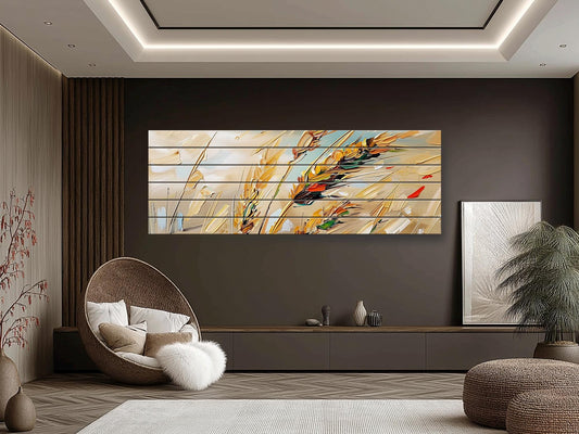 Wood Wall Art – Golden Wheat Ears Rustic Nature Print on Natural Wood Planks