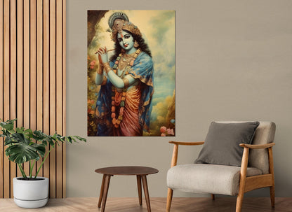 Lord Krishna Canvas Print, Indian Hindu God Painting, Indian Wall Art, Indian God Poster, Framed and Ready to Hang