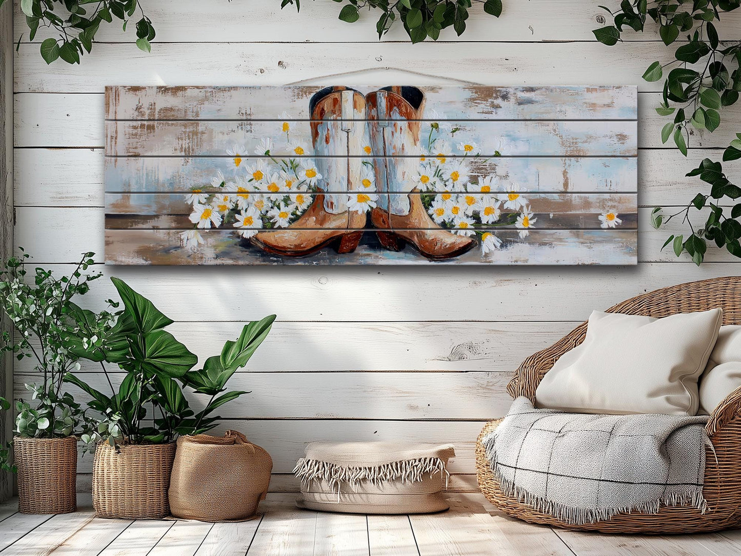 Cowboy Boots Wall Art - Handcrafted Wood Print | Rustic Western Decor with Daisies