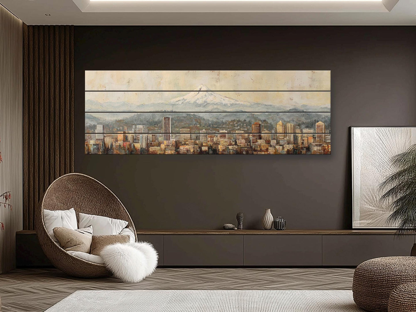 Portland Skyline Wood Print – Rustic Wood Art with Mount Hood Beige Cityscape