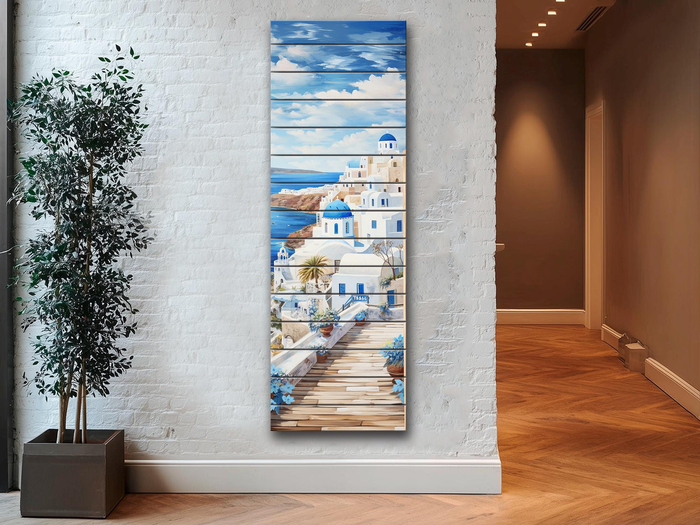 Santorini Wood Art – Abstract Greek Wall Decor Printed on Natural Wood Panel
