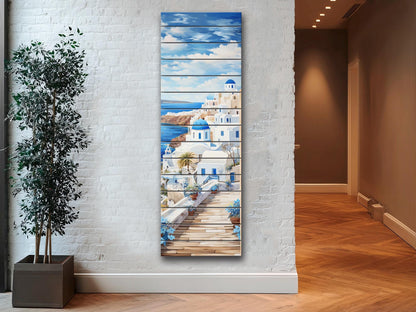 Santorini Wood Art – Abstract Greek Wall Decor Printed on Natural Wood Panel