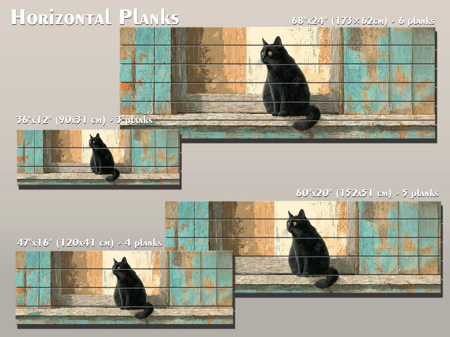 Black Cat Wood Art – Rustic Wood Print | Cozy Beige Aqua Wall Decor