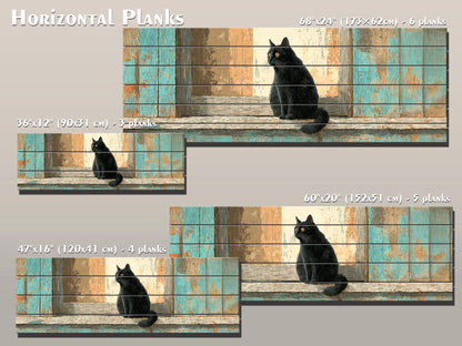 Black Cat Wood Art – Rustic Wood Print | Cozy Beige Aqua Wall Decor