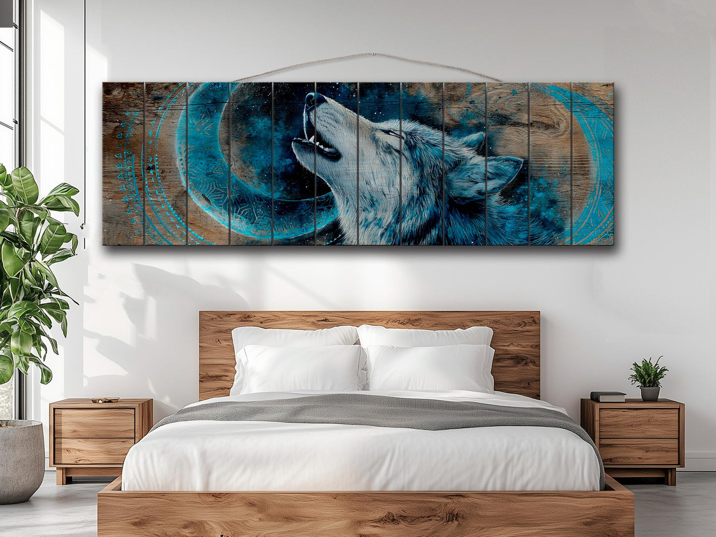 Wolf Howling on Full Moon Print on Natural Wood, Rustic Howling Wolf Painting, Native American Wall Decor, Wolf Wall Art, Tribal Wall Decor
