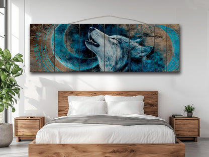 Wolf Howling on Full Moon Print on Natural Wood, Rustic Howling Wolf Painting, Native American Wall Decor, Wolf Wall Art, Tribal Wall Decor