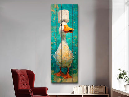 Cute Duck Print on Wood - Whimsical Bathroom Wall Art with Teal and Cream