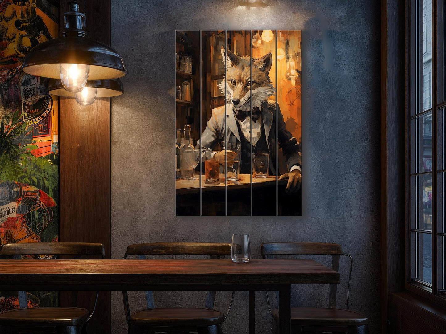 Fox Bartender Print on Natural Wood – Bar  Wall Art
