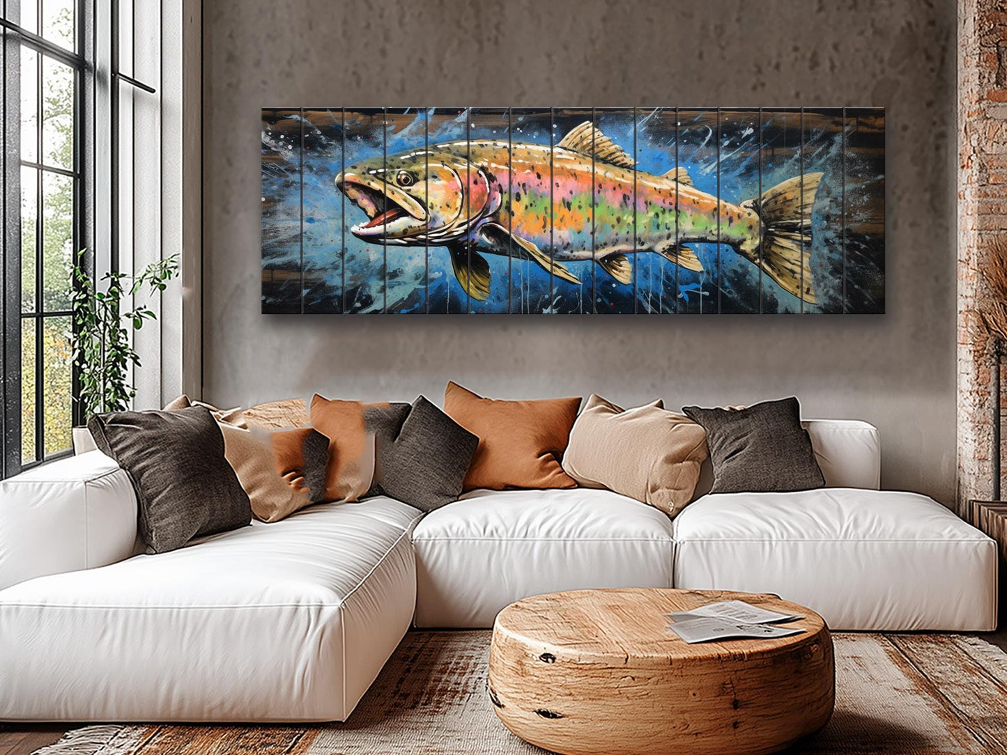 Rainbow Trout Wall Art - Rustic Wood Plank Painting | Fishing Lodge Decor