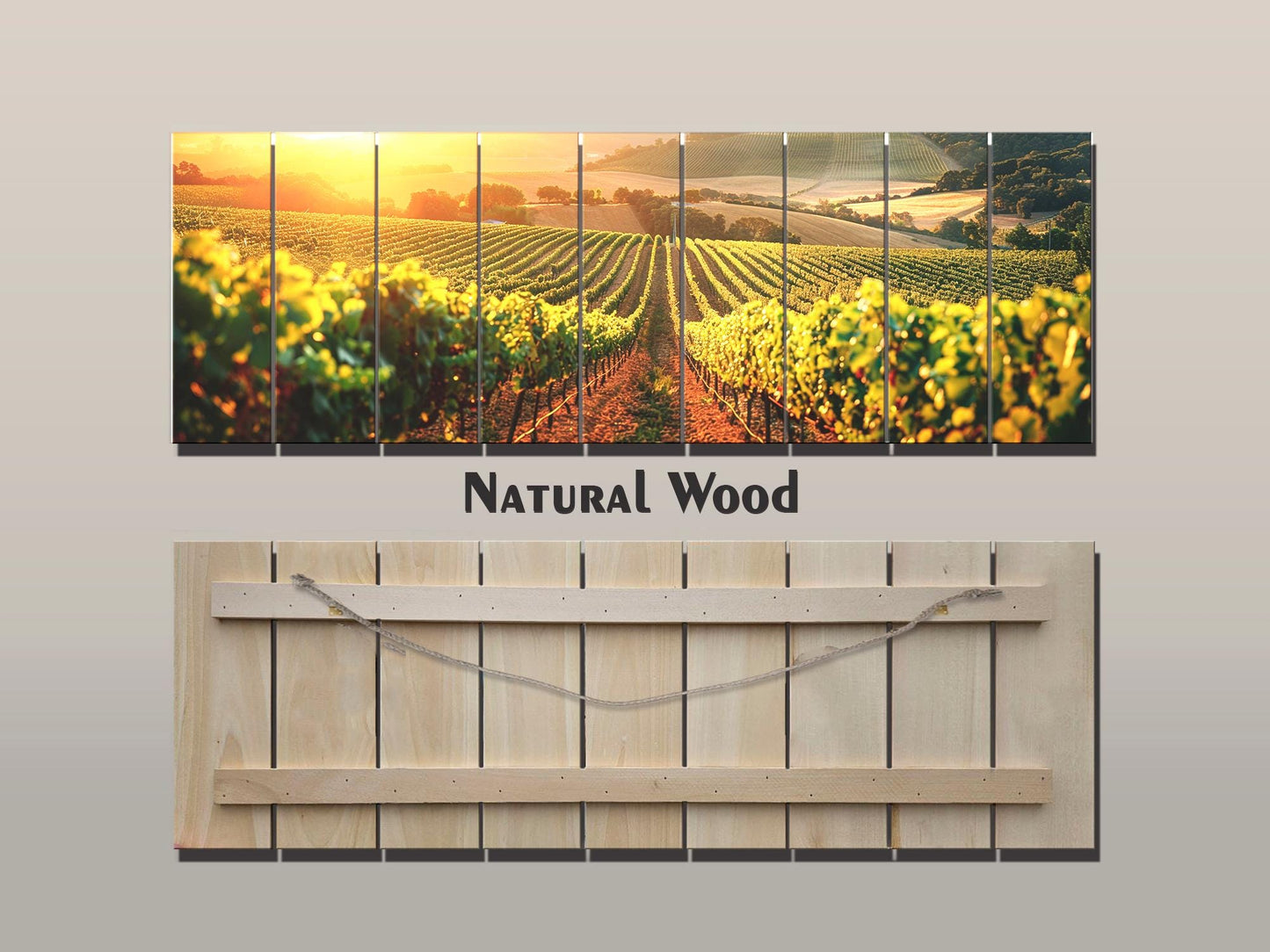 Vineyard Wood Print – Rustic Wood Wall Art with Sunlit Vineyard Landscape