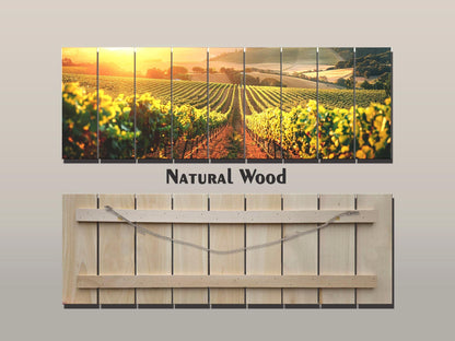 Vineyard Wood Print – Rustic Wood Wall Art with Sunlit Vineyard Landscape