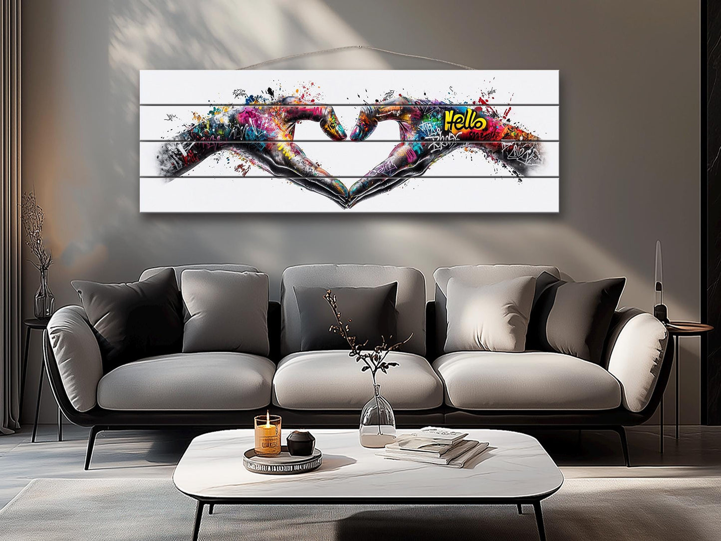 Heart Graffiti Style Painting Printed On  Natural Wood – Peace And Love Wall Art