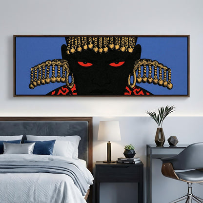 a large, colorful painting of a black figure with gold accents hanging on a wall above a bed.