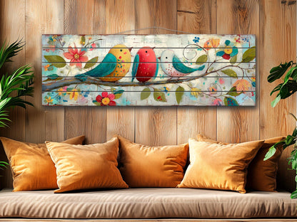 Wood Wall Art - Trio of Birds Print on Natural Wood Plank | Rustic Folk Art Decor