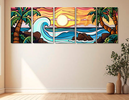 Abstract Tropical Canvas Art, Sea and Palms Painting Canvas Print, Tropical Painting, Abstract Tropical Landscape, Framed and Ready to Hang