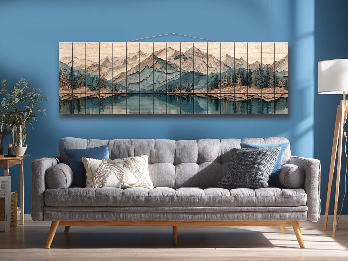 Panoramic Mountain Wood Art – Rustic Wood Decor With Layered Peaks Painting