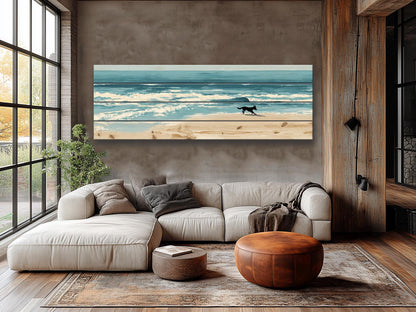 Coastal Wall Art – Dog Running on Beach Wood Print | Rustic Natural Decor