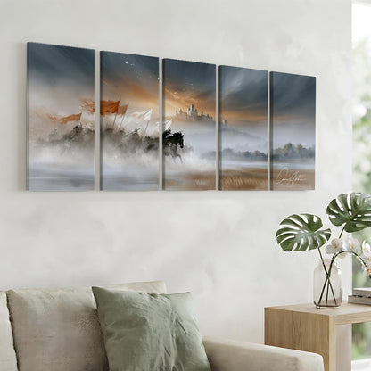 a living room with a large painting of a landscape hanging on the wall. The painting depicts a serene scene with a castle in the distance, surrounded by mist and fog. The room is furnished with a couch and a side table, creating a cozy and inviting atmosphere.