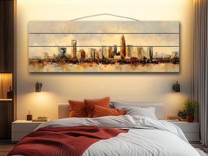 Charlotte Skyline Wood Print – Rustic Wall Art | Beige Cream Painting on Distressed Wood