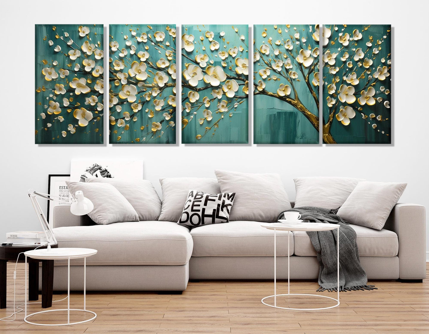 Abstract Tree Canvas Print - Teal Panoramic Painting | Ready to Hang Floral Wall Art