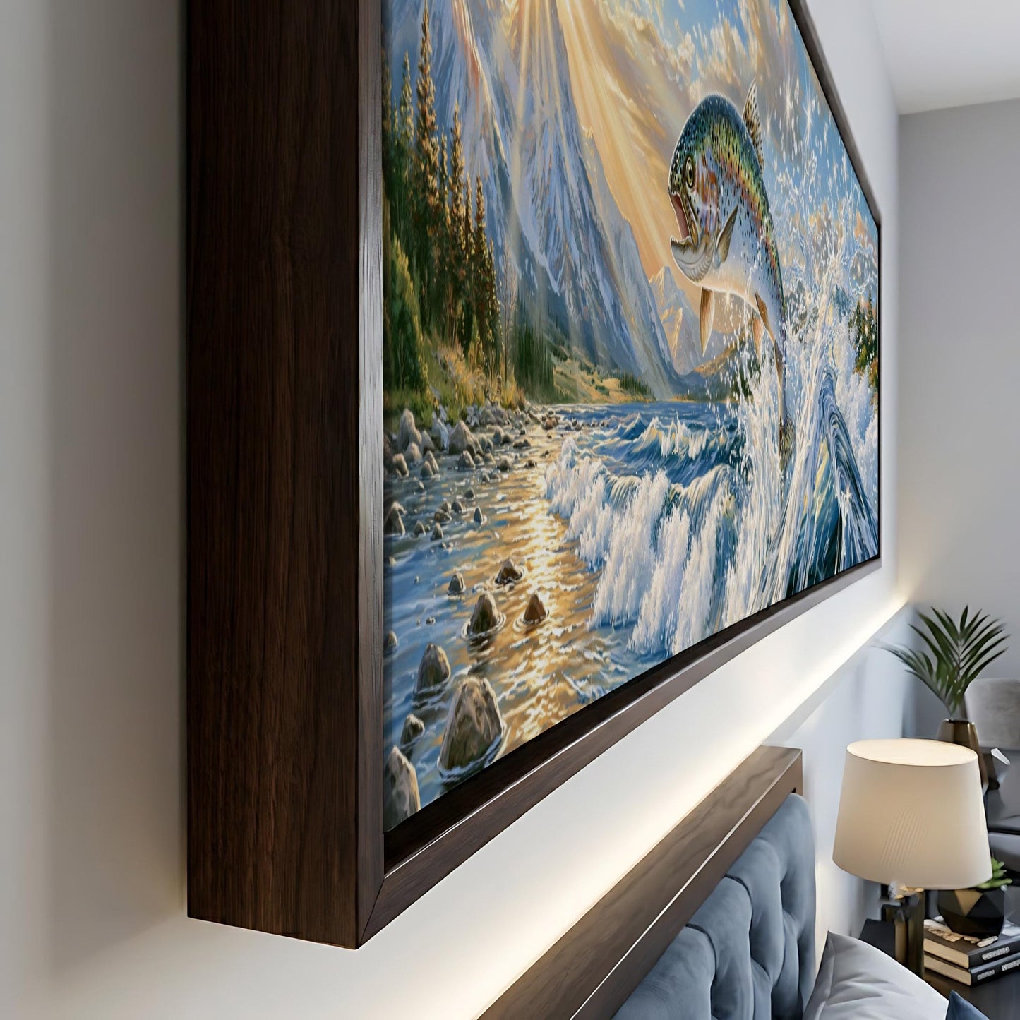 a large framed painting depicting a serene landscape with a fish leaping out of a river, surrounded by mountains and trees.