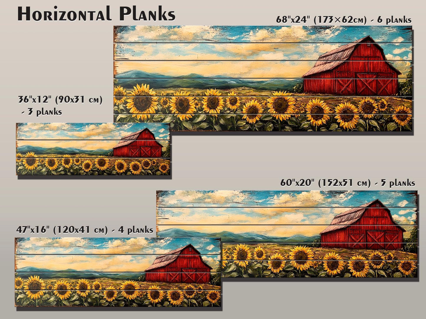 Rustic Wooden Wall Art – Old Red Barn on Sunflowers Field Print, Natural Wood Decor