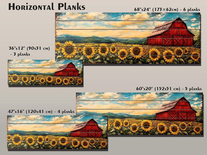 Rustic Wooden Wall Art – Old Red Barn on Sunflowers Field Print, Natural Wood Decor