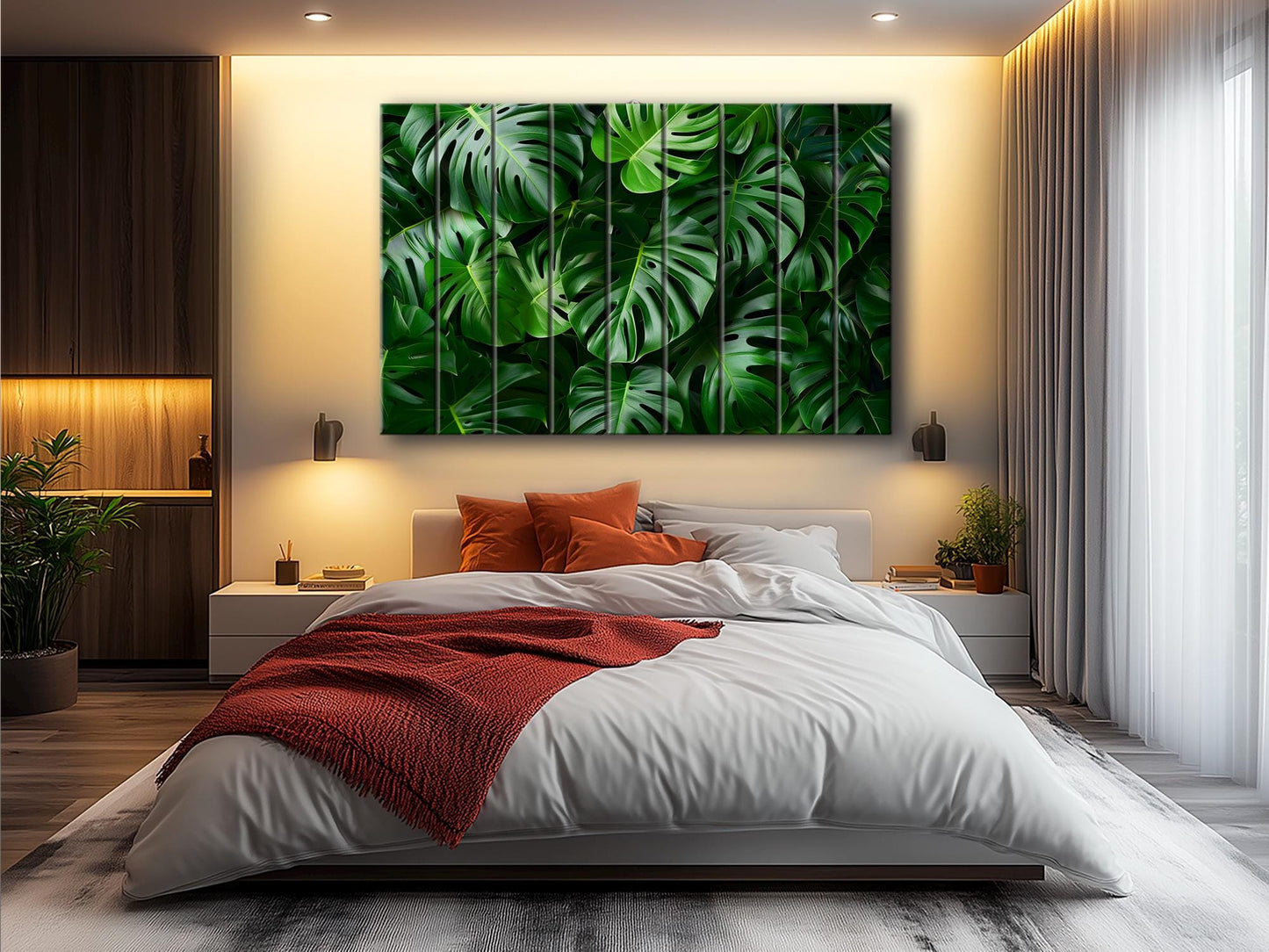 Wood Wall Art - Tropical Green Leaves Print on Natural Wood, Abstract Deep Green Wall Art, Tropical Wall Art, Modern Palm Leaf Print