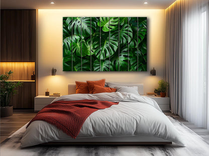 Wood Wall Art - Tropical Green Leaves Print on Natural Wood, Abstract Deep Green Wall Art, Tropical Wall Art, Modern Palm Leaf Print