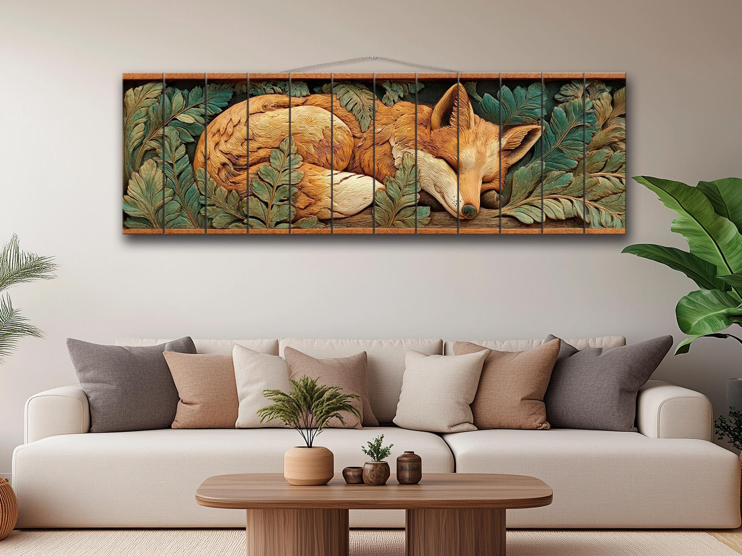 Fox Print On Wood - Rustic Woodland Wall Decor With Beige Green Planks