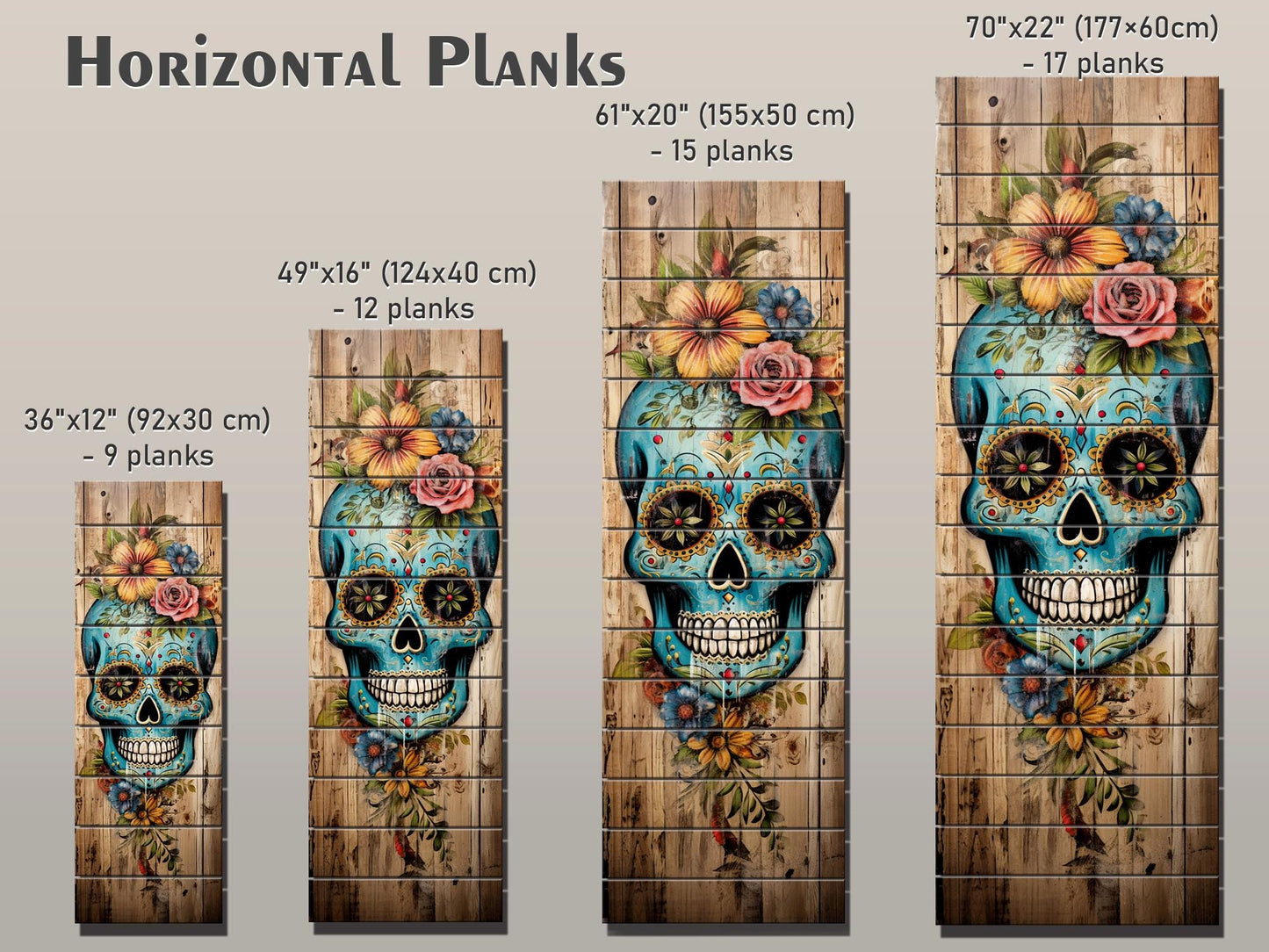 Mexican Sugar Skull Art – Rustic Wood Wall Decor | Vibrant Floral Skull Print