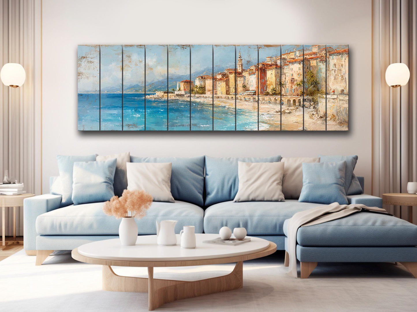 French Riviera Wall Art – Beige Pastel Oil Painting on Wood Planks