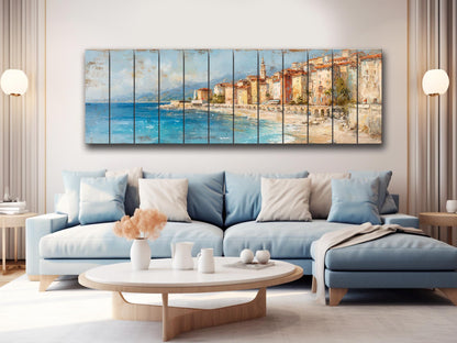 French Riviera Wall Art – Beige Pastel Oil Painting on Wood Planks
