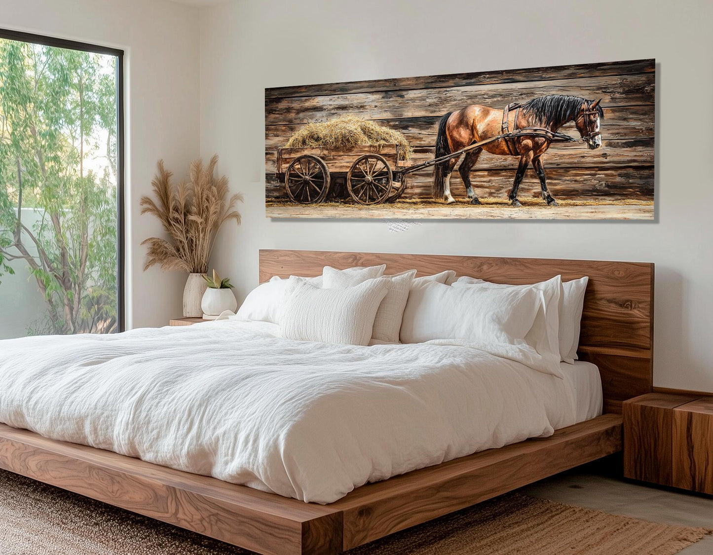 Horse Pulling Wooden Cart Rustic Wall Art – Framed Canvas Print Ready to Hang