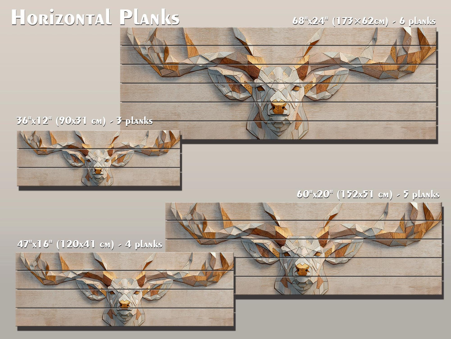 Deer Print Wood - Geometric Antlers Art | Rustic Wildlife Wall Art With Gold Accent