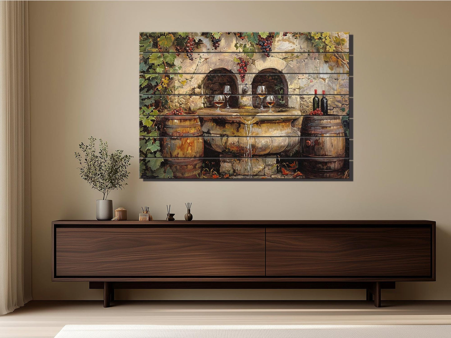Rustic Wine Wall Art - Vintage Wine Barrels & Fountain Painting on Natural Wood