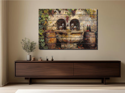 Rustic Wine Wall Art - Vintage Wine Barrels & Fountain Painting on Natural Wood