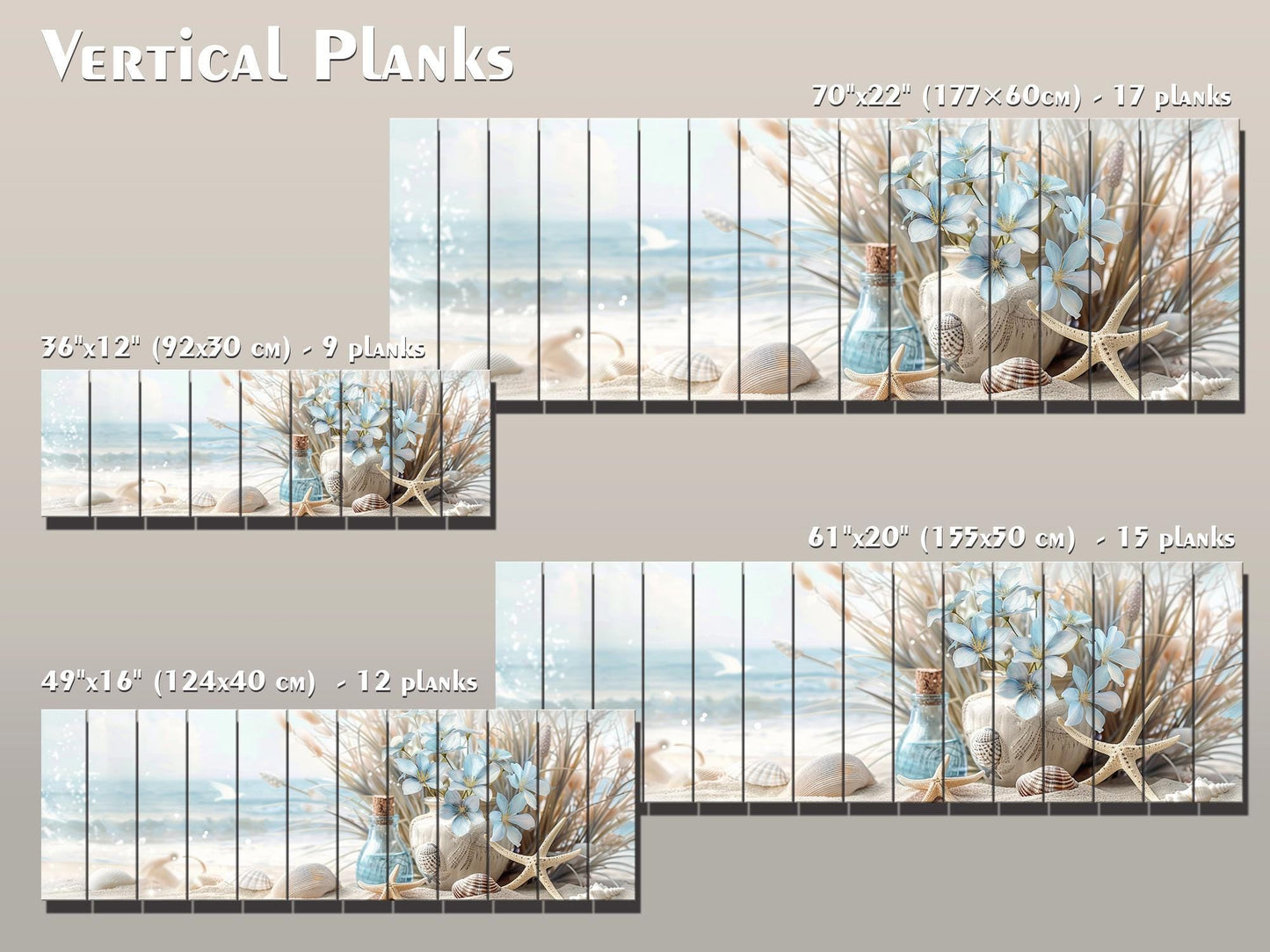 Wooden Wall Art – Coastal Beach Still Life Print on Natural Wood Planks