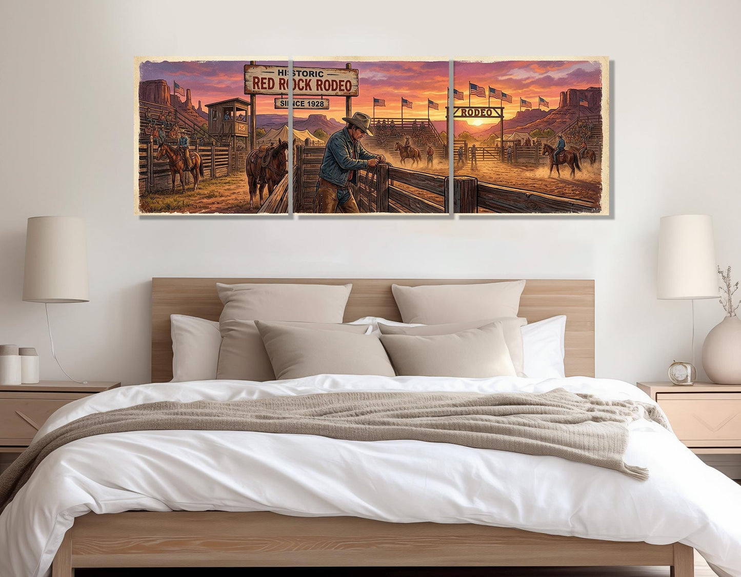 Rodeo Canvas Print, Panoramic Cowboy Arena Painting, Large Western Wall Art, Framed and Ready to Hang