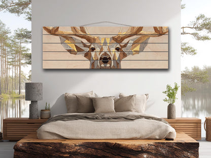 Deer Print Wood | Geometric Deer Art with Gold Accent - Rustic Modern Cabin Decor